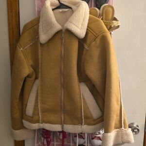 Time and Tru Camel Teddy Jacket with Cream Accents